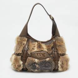 Pre Owned Gucci Beige/Brown Leather and Rabbit Fur 85th Anniversary Hobo