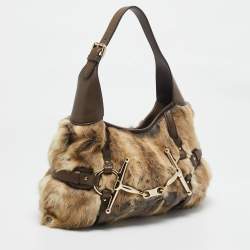 Pre Owned Gucci Beige/Brown Leather and Rabbit Fur 85th Anniversary Hobo