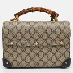 Pre Owned Gucci Beige/Black GG Supreme Canvas Small Bamboo Padlock Top Handle Bag