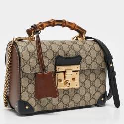 Pre Owned Gucci Beige/Black GG Supreme Canvas Small Bamboo Padlock Top Handle Bag
