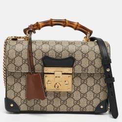 Pre Owned Gucci Beige/Black GG Supreme Canvas Small Bamboo Padlock Top Handle Bag