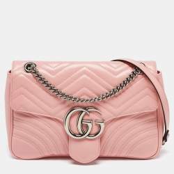 Pre Owned Gucci Pink Matelassé Leather Medium GG Marmont Shoulder Bag