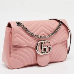 Pre Owned Gucci Pink Matelassé Leather Medium GG Marmont Shoulder Bag