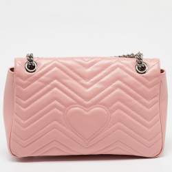 Pre Owned Gucci Pink Matelassé Leather Medium GG Marmont Shoulder Bag