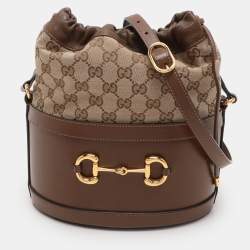 مملوكة مسبقًا Gucci Brown/Beige GG Canvas and Leather Horsebit 1955 Drawstring Bucket Bag