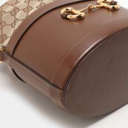 مملوكة مسبقًا Gucci Brown/Beige GG Canvas and Leather Horsebit 1955 Drawstring Bucket Bag