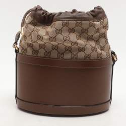 مملوكة مسبقًا Gucci Brown/Beige GG Canvas and Leather Horsebit 1955 Drawstring Bucket Bag