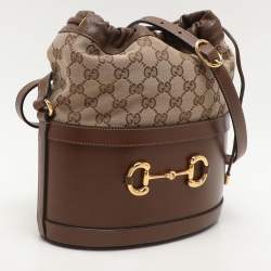 مملوكة مسبقًا Gucci Brown/Beige GG Canvas and Leather Horsebit 1955 Drawstring Bucket Bag