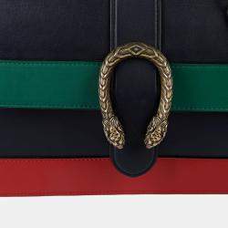 Gucci Black/Bright Evergreen/Hibiscus Red Calfskin Bamboo Web Small Dionysus Top Handle Bag