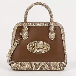Gucci Small Brown Leather Python Trim Horsebit 1955 Top Handle Bag