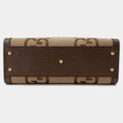 Gucci Beige/Brown Canvas Leather Jumbo GG Bamboo Tote Bag
