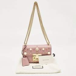 Pre Owned Gucci Old Rose Leather Small Pearl Studded Padlock Shoulder Bag