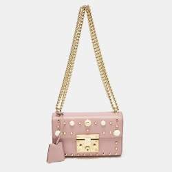 Pre Owned Gucci Old Rose Leather Small Pearl Studded Padlock Shoulder Bag