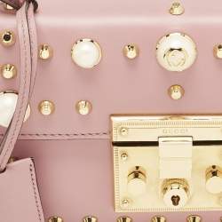 Pre Owned Gucci Old Rose Leather Small Pearl Studded Padlock Shoulder Bag