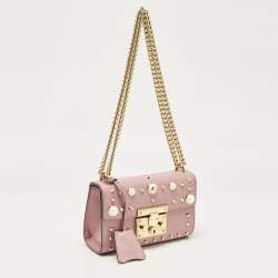 Pre Owned Gucci Old Rose Leather Small Pearl Studded Padlock Shoulder Bag