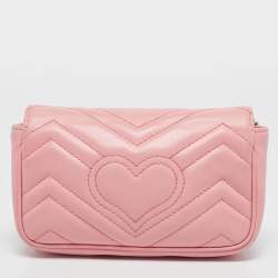 Pre Owned Gucci Pink Matelassé Leather GG Marmont Super Mini Shoulder Bag
