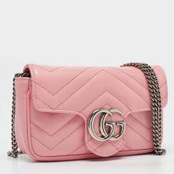 Pre Owned Gucci Pink Matelassé Leather GG Marmont Super Mini Shoulder Bag