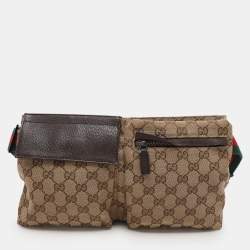 Pre Owned Gucci Beige/Brown GG Canvas and Leather Web Double Pocket Belt Bag