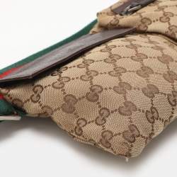 Pre Owned Gucci Beige/Brown GG Canvas and Leather Web Double Pocket Belt Bag
