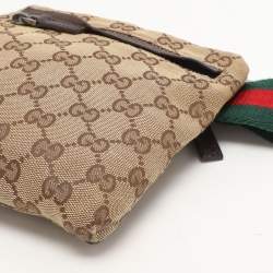 Pre Owned Gucci Beige/Brown GG Canvas and Leather Web Double Pocket Belt Bag