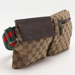 Pre Owned Gucci Beige/Brown GG Canvas and Leather Web Double Pocket Belt Bag