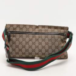 Pre Owned Gucci Beige/Brown GG Canvas and Leather Web Double Pocket Belt Bag