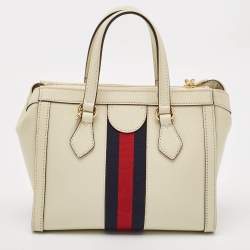 Pre Owned Gucci Off White Leather Small Web Ophidia Tote