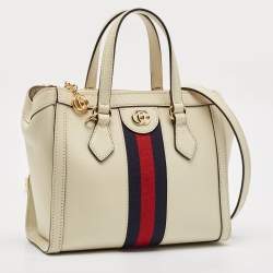 Pre Owned Gucci Off White Leather Small Web Ophidia Tote