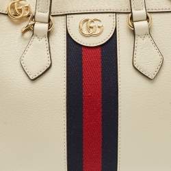 Pre Owned Gucci Off White Leather Small Web Ophidia Tote