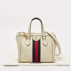 Pre Owned Gucci Off White Leather Small Web Ophidia Tote