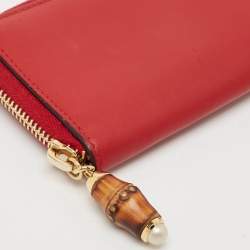 Gucci Red Leather Bamboo Zip Around Wallet