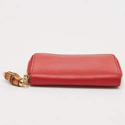 Gucci Red Leather Bamboo Zip Around Wallet