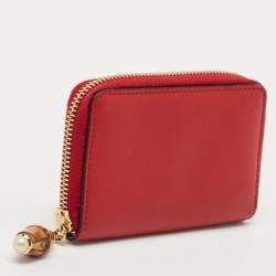 Gucci Red Leather Bamboo Zip Around Wallet