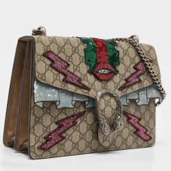 Gucci Beige GG Supreme Canvas and Suede Medium Crystal/Sequins Embellished Dionysus Shoulder Bag