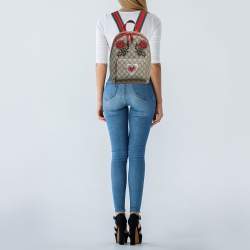 Pre Owned Gucci Red/Beige GG Supreme Canvas Small Embroidered Limited Edition Backpack
