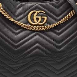 Pre Owned Gucci Black Matelassé Leather Medium GG Marmont Tote
