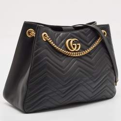 Pre Owned Gucci Black Matelassé Leather Medium GG Marmont Tote