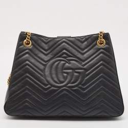 Pre Owned Gucci Black Matelassé Leather Medium GG Marmont Tote
