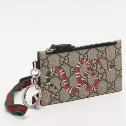 Pre Owned Gucci Beige/Black GG Supreme Canvas and Leather Kingsnake Lanyard Card Holder