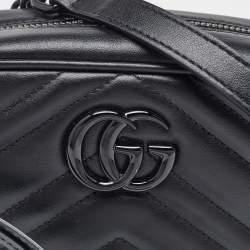 Pre Owned Gucci Black Matelasse Leather Mini GG Marmont Shoulder Bag