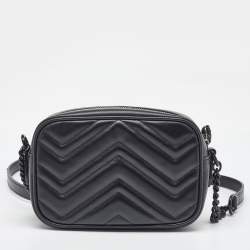 Pre Owned Gucci Black Matelasse Leather Mini GG Marmont Shoulder Bag