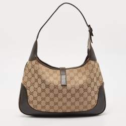 Pre Owned Gucci Dark Brown/Beige GG Canvas and Leather Jackie Hobo