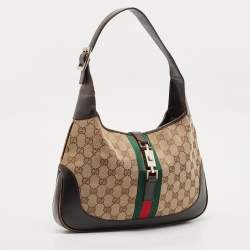 Pre Owned Gucci Dark Brown/Beige GG Canvas and Leather Jackie Hobo