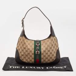 Pre Owned Gucci Dark Brown/Beige GG Canvas and Leather Jackie Hobo