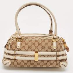 Pre Owned Gucci White/Beige GG Canvas and Leather Wave Boston Bag