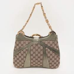 Pre Owned Gucci Beige/Metallic Green Canvas and Leather Bamboo Ring Tote