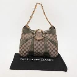 Pre Owned Gucci Beige/Metallic Green Canvas and Leather Bamboo Ring Tote