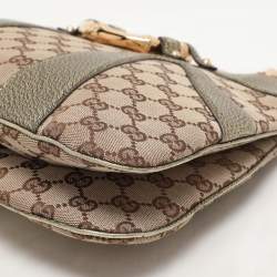 Pre Owned Gucci Beige/Metallic Green Canvas and Leather Bamboo Ring Tote