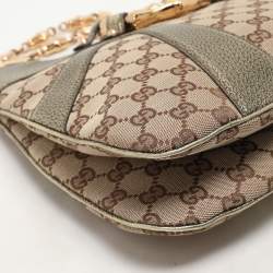 Pre Owned Gucci Beige/Metallic Green Canvas and Leather Bamboo Ring Tote