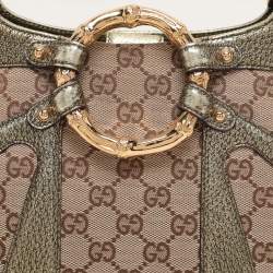 Pre Owned Gucci Beige/Metallic Green Canvas and Leather Bamboo Ring Tote